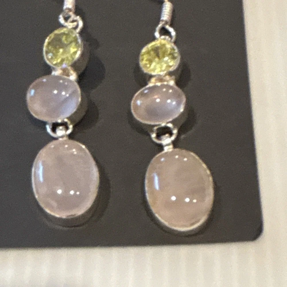 Handcrafted Silver Dangle Earrings Agate Pink White, Rose Quartz and Peridots.